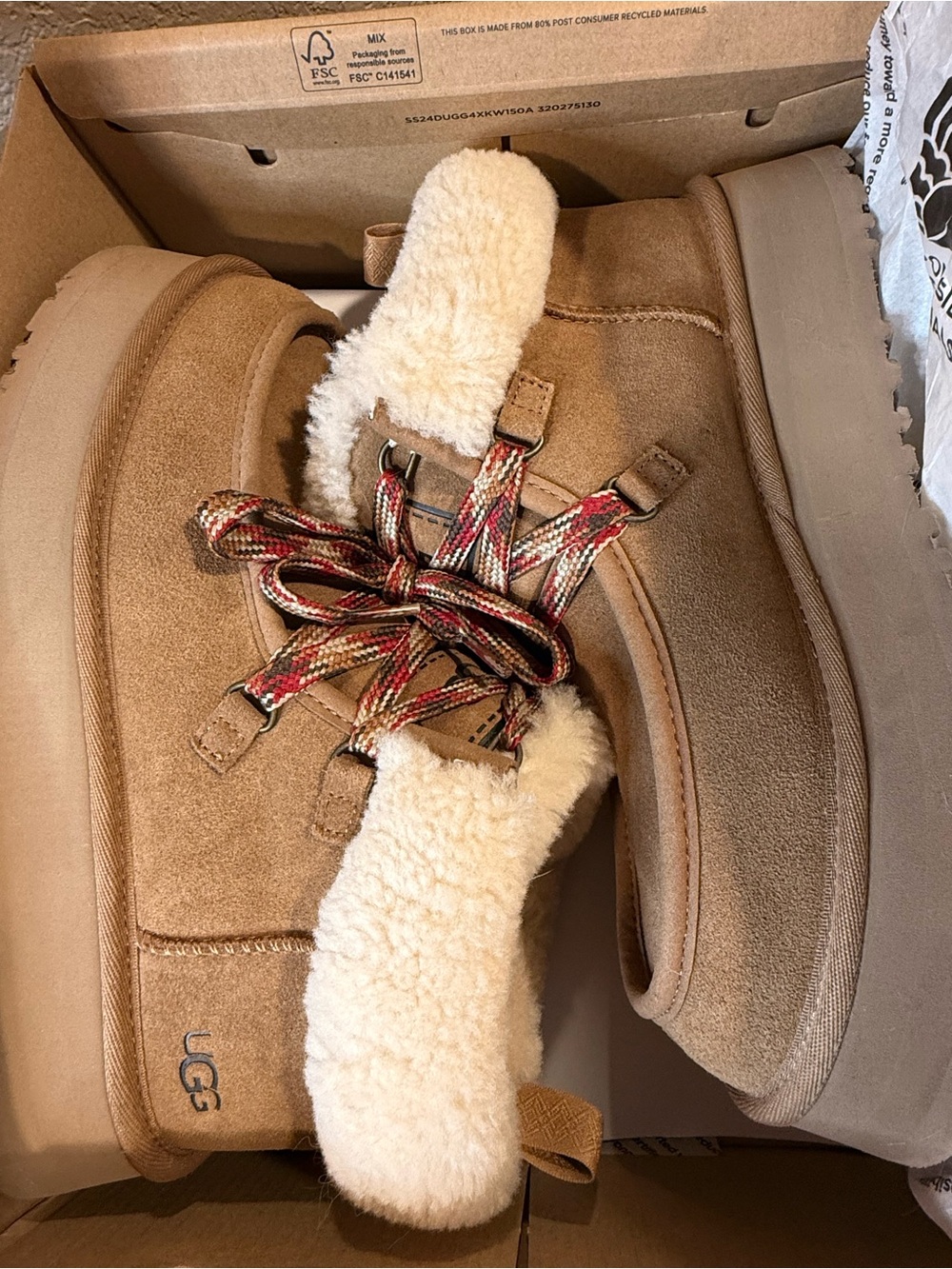 UGG Tan Suede Lace-Up Platform Ankle Boots with Cream Shearling